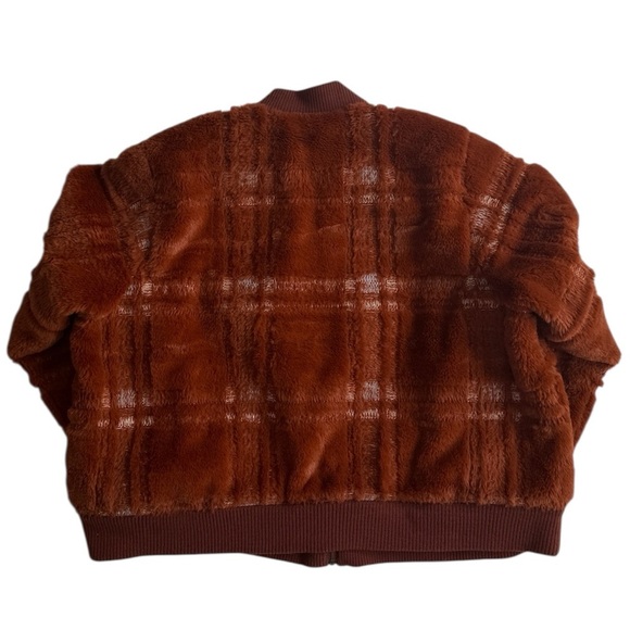Anthropologie Plaid Teddy Bomber Jacket Sz 1X Rust Brown Fuzzy Zip Up Plush Coat - Picture 9 of 13